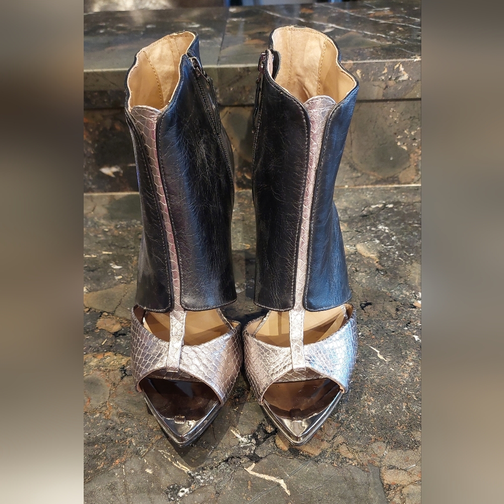Sergio Zelcer Black and Silver Open-Toe Heels